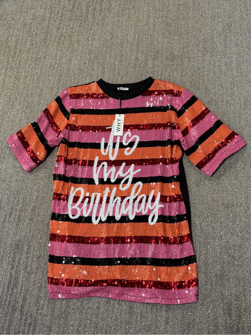 “It's My Birthday" Sequin Striped Mini dress/Pink & Orange